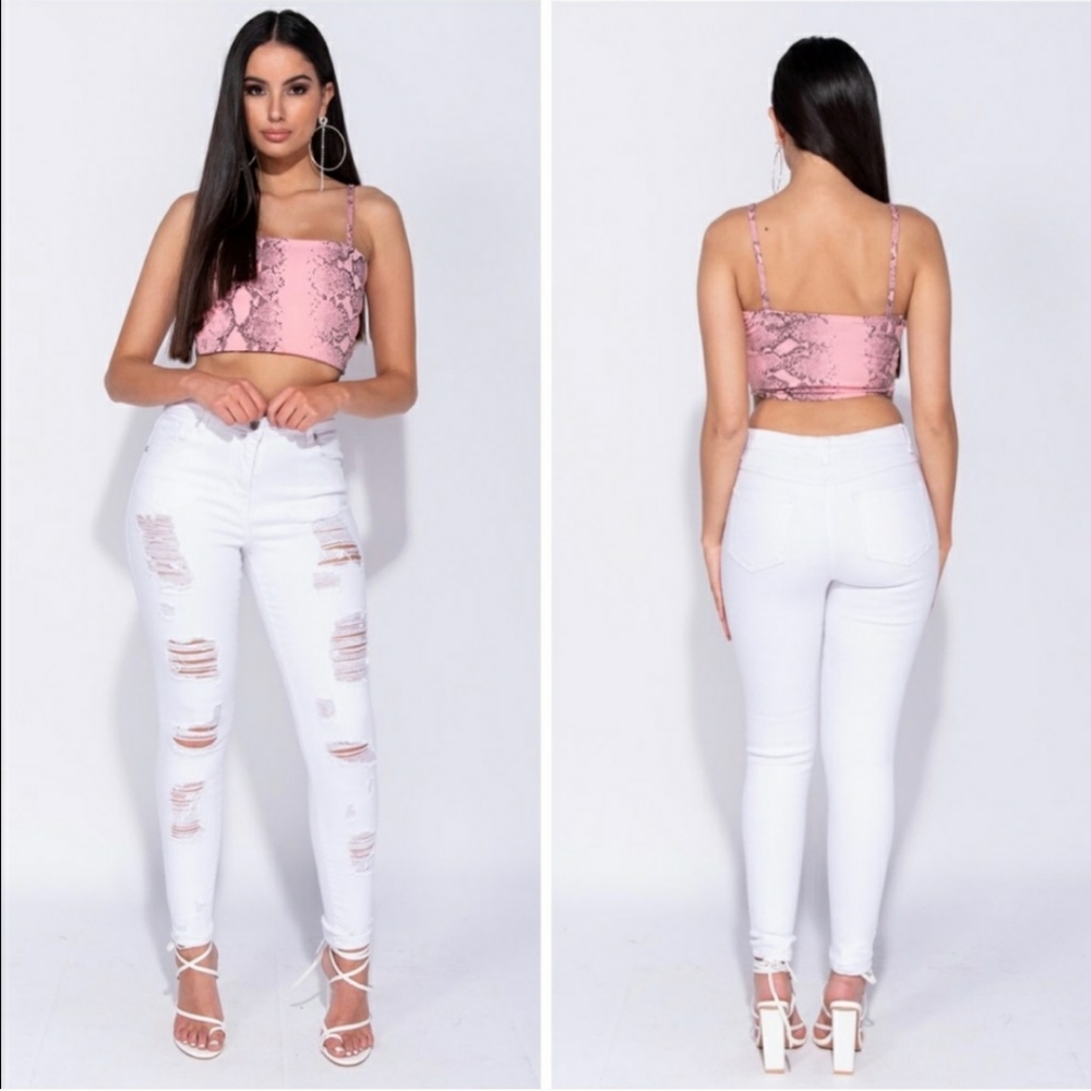 Distressed high waisted white jeans